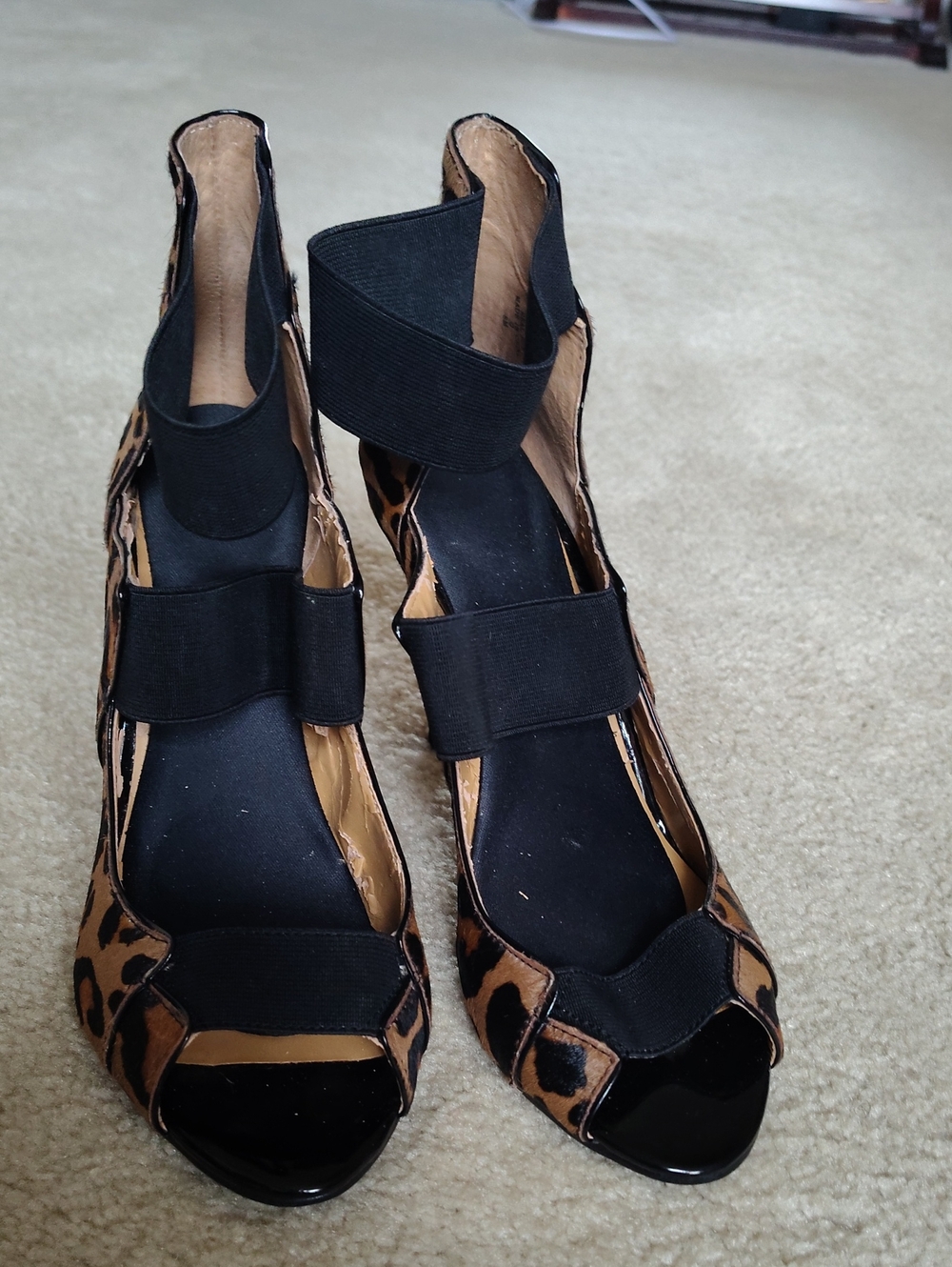Nine West Leopard Print Peep-Toe 4 Inch Heels with Black Elastic Straps